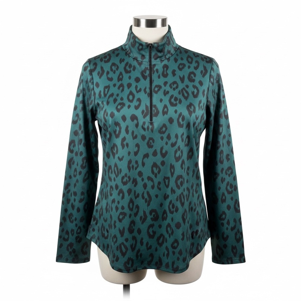 Chicos Womens Size Small Teal Green Leopard Print Mock Neck Quarter Zip Pullover